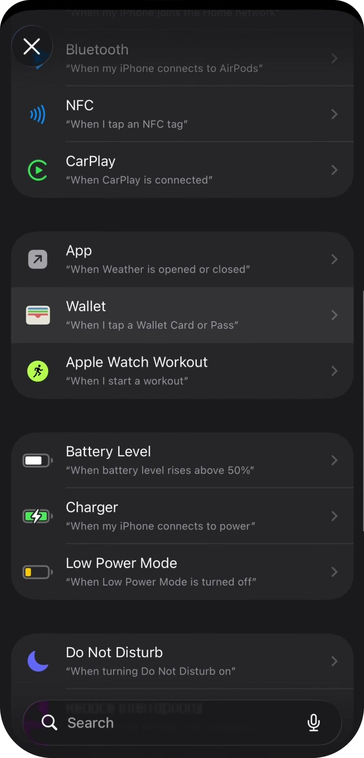 Wallet-Auslöser in der Liste der Automationen