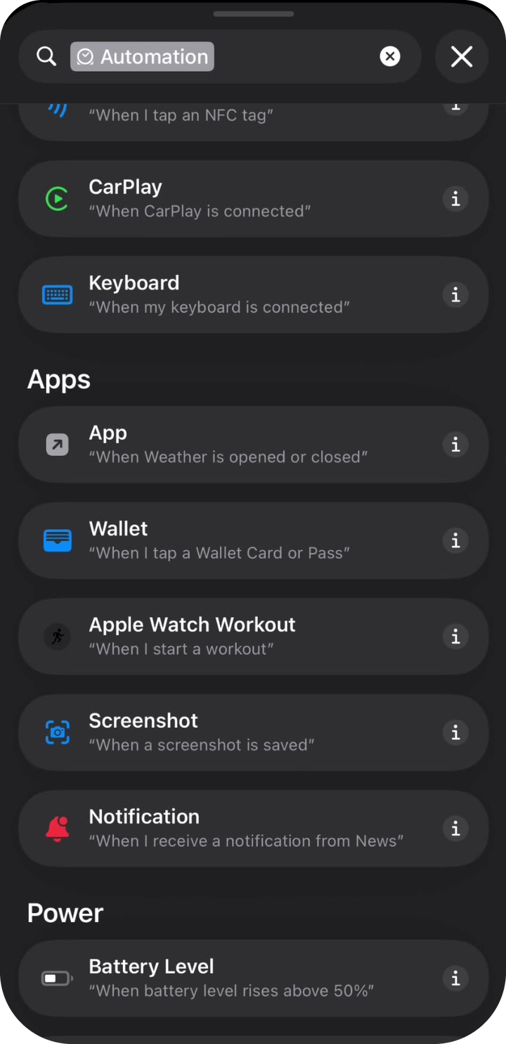 Wallet trigger in the Automation list