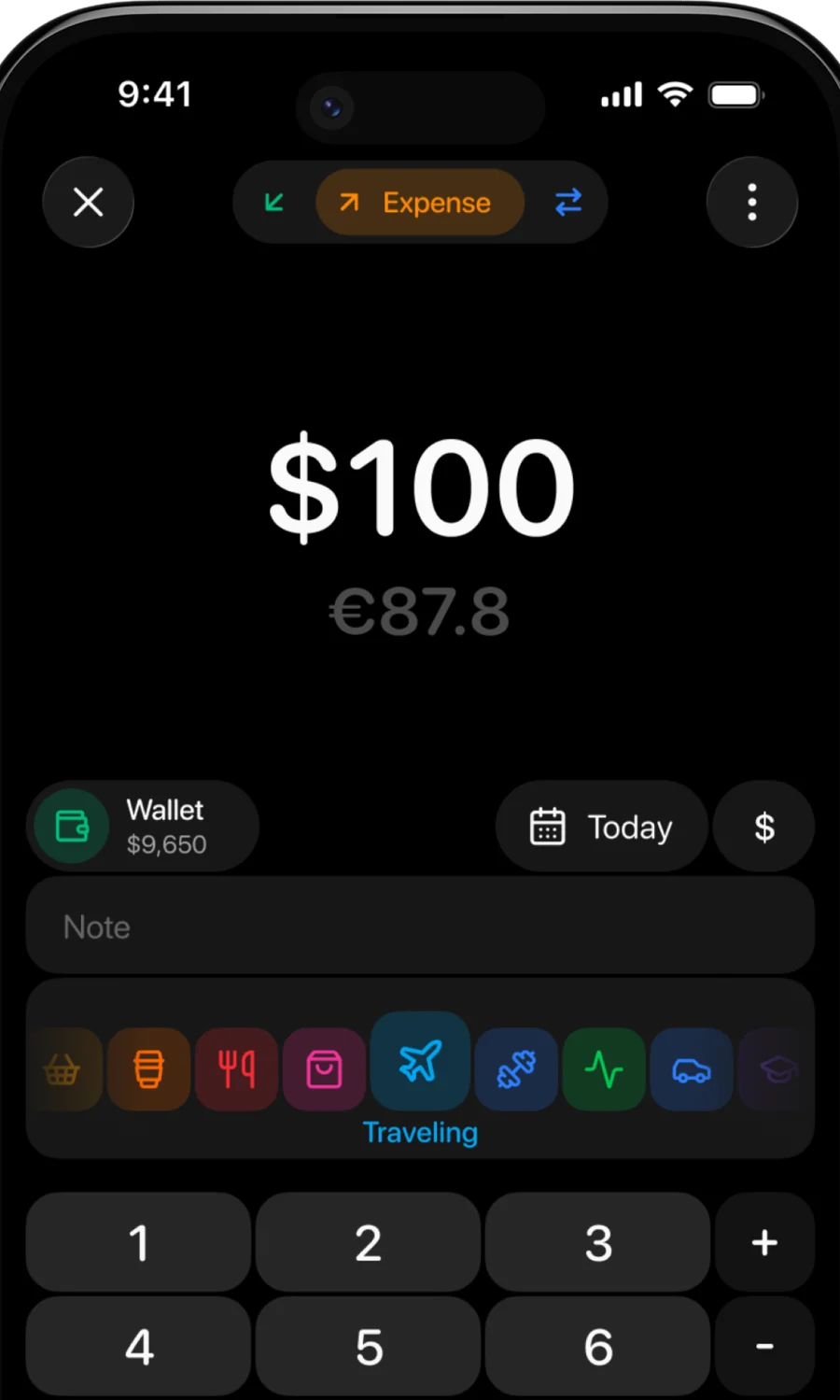 Añadiendo un gasto en Qalta: $100, con €87.8 debajo, la cuenta Wallet, la fecha de hoy y una fila de iconos de categorías.