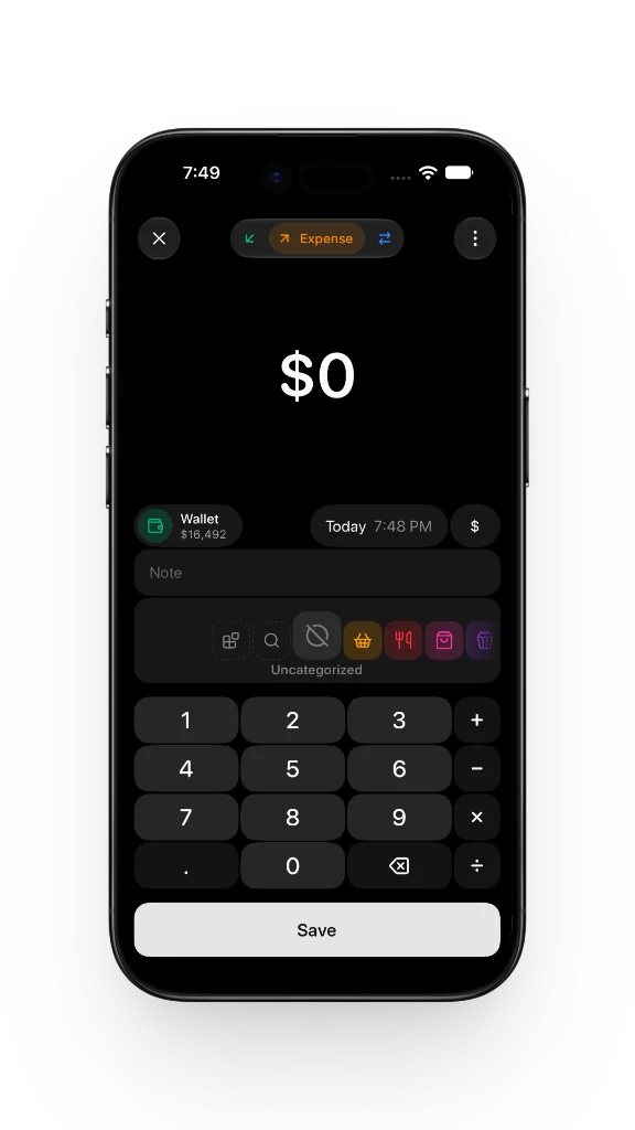 Añadiendo un gasto en Qalta: el importe vacío, la cuenta Wallet, la fecha de hoy, iconos de categorías y un teclado numérico.