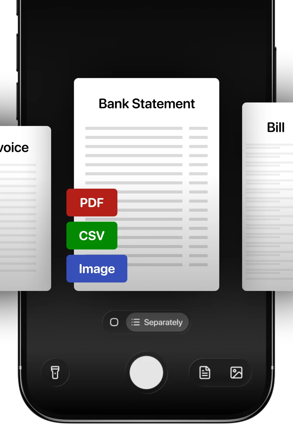 El escáner de Qalta en la vista de la cámara, con una factura, un extracto bancario y un recibo, y las opciones PDF, CSV e Imagen.