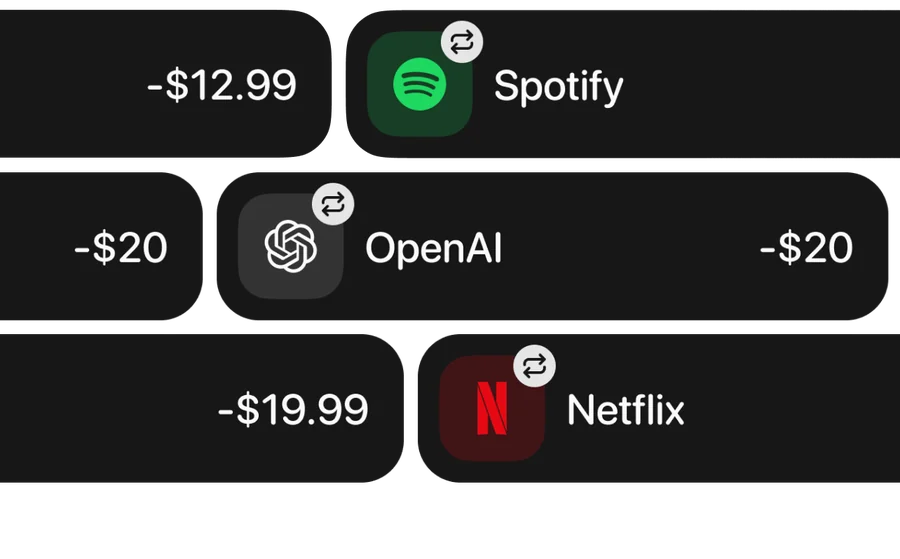 Pagos recurrentes en Qalta: Spotify −$12.99, OpenAI −$20 y Netflix −$19.99.