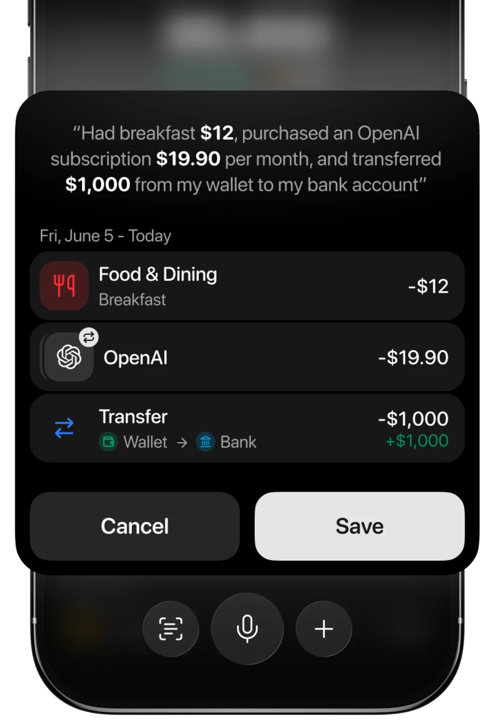 La ventana de voz de Qalta. Una frase hablada se convirtió en tres filas: Comida y restaurantes −$12, una suscripción mensual a OpenAI −$19.90 y una transferencia de $1,000 de Wallet a Banco, con los botones Cancelar y Guardar.