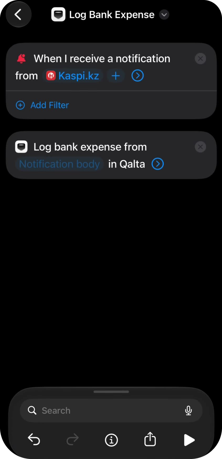 Enregistrer une dépense bancaire avec le champ Corps de la notification
