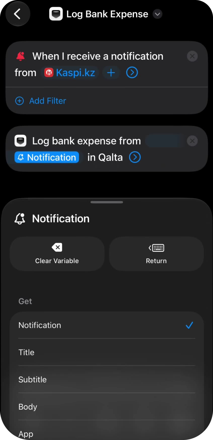 Propriétés de la notification : touchez Body